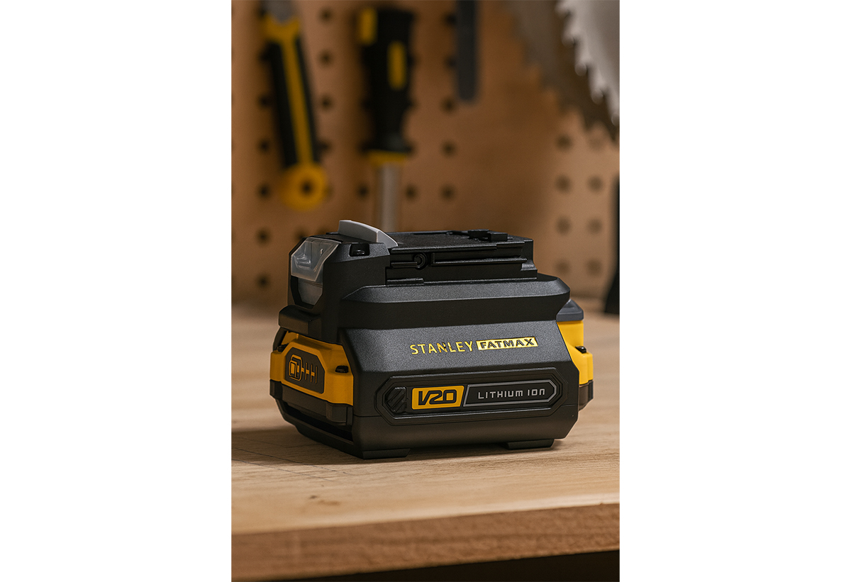 Απεικονίζεται ο αντάπτορας πάνω στην μπαταρία σε πάγκο.